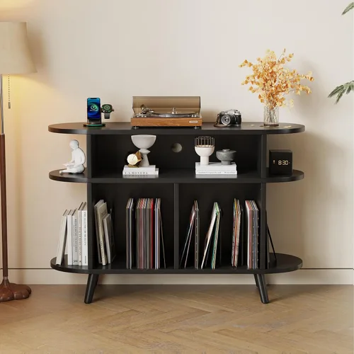 Vista 2 de LIVEHOM Soporte redondo grande para tocadiscos, armario de almacenamiento de discos de madera, soporte para discos de vinilo con área
