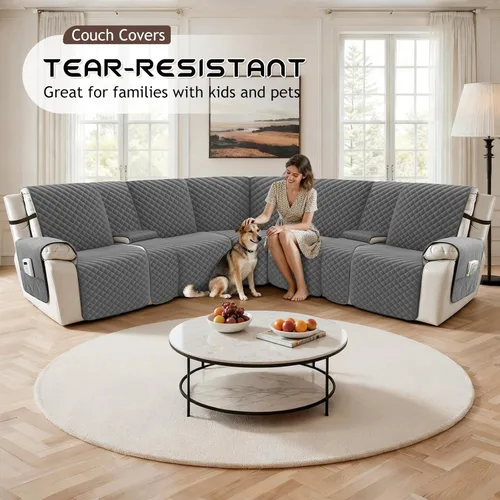 Vista 7 de Arfntevss - Fundas impermeables para sofá seccional reclinable, juego de fundas antideslizantes lavables en forma de L para sofá reclinable, Gris