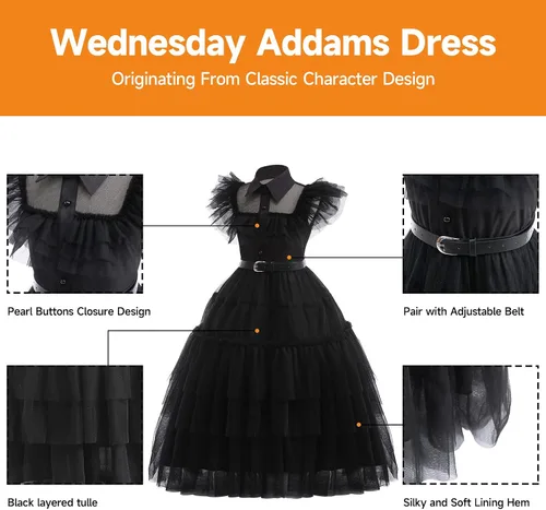 Vista 2 de Hellet Girls Cosplay Costume Dress for Wednesday Addams Family Kids Costumes Black Dance Princess for Halloween School Party