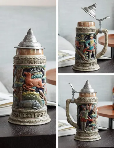 Vista 2 de HAUCOZE Taza de cerveza alemana para caza, jarras vikingas con tapa de peltre, regalos de cumpleaños para hombres, padre, marido, 0.6 litros