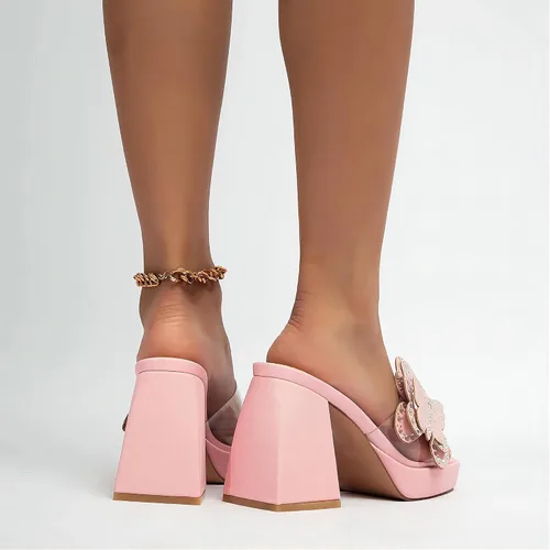 Vista 9 de NEWBELLA Sandalias de tacón alto de mariposa con diamantes de imitación, tacones gruesos con punta cuadrada abierta, pantuflas de verano sin