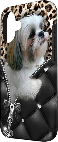 Vista 2 de Funda Shih Tzu con cremallera para iPhone 16 I Love Shih Tzu Dogs Leopard Hippie Leather