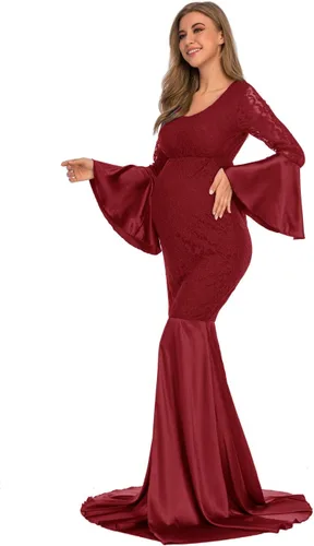 Vista 3 de ZIUMUDY Vestido ajustado de encaje de maternidad de manga larga maxi sirena fotografía vestido baby shower sesión de fotos