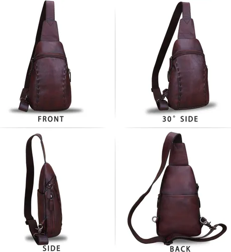 Vista 4 de LRTO Bolso de cuero genuino para mujeres y hombres, mochila vintage de cuero real, bolso cruzado de hombro, bolso de pecho