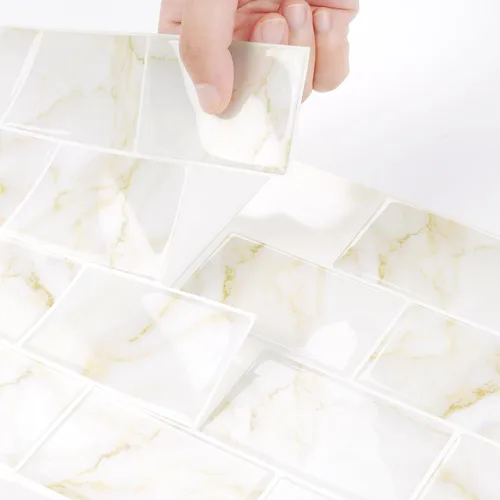 Vista 3 de Livelynine 16 Azulejos de Oro de Mármol Despegar y Pegar Salpicaduras para Cocina Adhesivos de Azulejos de Pared para Baño Salpicaduras Impermeables