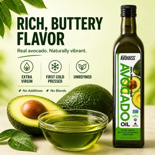Vista 3 de Aceite de aguacate Avohass orgánico virgen extra Cocina diaria y acabado a 400 F; sabor mantecoso, delicado; sin OMG, Kosher; botella de vidrio