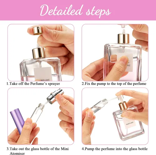 Vista 4 de Tessco for you 21 piezas de botellas de perfume con atomizador de 5 ml, mini atomizador pulverizador para perfume, recargable a granel con bomba