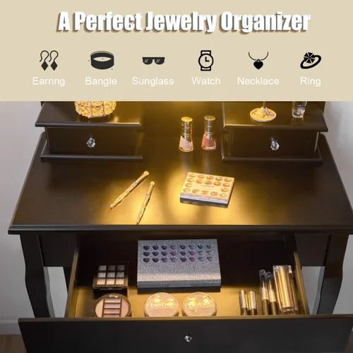 Vista 3 de Giantex Juego de tocador con espejo iluminado, mesa de maquillaje con 10 luces rosadas, escritorio de tocador moderno con taburete acolchado, 3