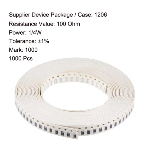 Vista 2 de uxcell Resistencia de chip de dispositivos montados en superficie, resistencias fijas 100 ohmios 1/4W 1206, tolerancia del 1% 1000 piezas