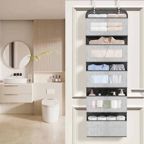 Vista 2 de Organizador estrecho sobre la puerta, 5 bolsillos grandes, almacenamiento de tela, 12 pulgadas de ancho With Metal Hooks, Clear Window for quick