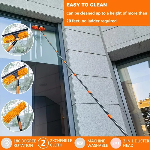 Vista 6 de Escobilla de lavado de ventanas 2 en 1 de alcance de más de 20 pies con poste de extensión empalmable de 3 a 14 pies/ Herramienta de limpieza