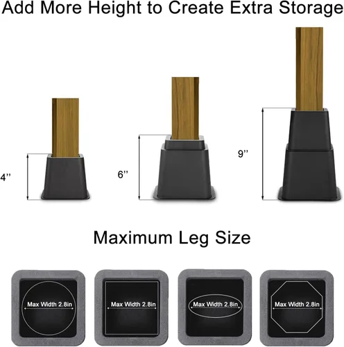 Vista 2 de TOPROAD Elevadores de muebles de cama ajustables, elevadores de cama apilables en alturas de 4, 6 o 9 pulgadas, elevadores de muebles resistentes