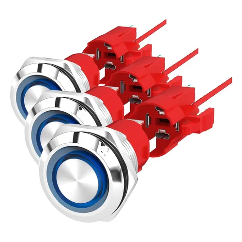 Vista 7 de Interruptor de Botón Pulsador con Bloqueo de 12V 20A Resistente CC 12 Voltios Impermeable Interruptor Redondo 16MM Metal Anillo LED Azul Iluminado