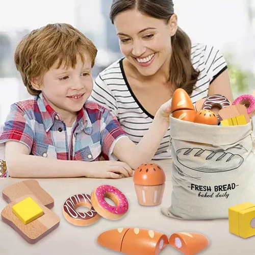 Vista 7 de Juego de madera para panadería, juguetes de comida, juego de cocina para niños, accesorios de cocina con bolsa de almacenamiento, juego