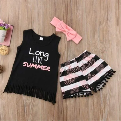 Vista 7 de Conjunto de ropa de verano con flecos para bebé, niña, camiseta sin mangas, pantalones cortos con borlas, diadema, Negro
