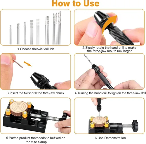 Vista 6 de 60 piezas de taladro de mano con micro taladro y tornillo de banco de joyería de PCB Jewelry Drill Bit Set - Manual Hand Drill for Resin Wood