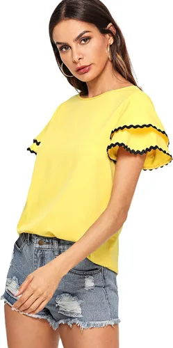 Vista 4 de Floerns - Blusa de manga corta con dobladillo de encaje y volantes en capas para mujer