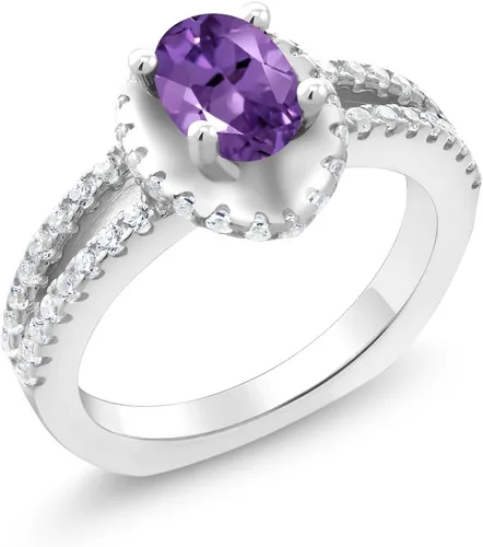Vista 2 de Gem Stone King Anillo de plata de ley 925 con amatista púrpura para mujer (1.25 quilates, piedra natal ovalada disponible en tallas 5, 6, 7, 8, 9)