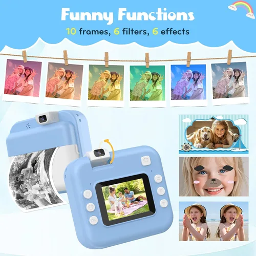 Vista 3 de Cámara para niños con impresión instantánea: cámara digital con lente abatible, regalo de cumpleaños para niños y niñas, fotos de impresión