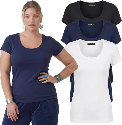 Vista 20 de Emmalise - Camiseta de manga corta para mujer, cuello redondo, estilo básico, pack de valor, tallas junior y grandes