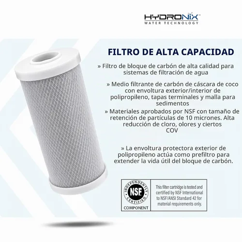Vista 2 de Filtro de bloque de carbono marca Hydronix CB-45 – 1005 NSF 4.5 pulgadas OD x 9 7/8 pulgadas de longitud, 5 micrones