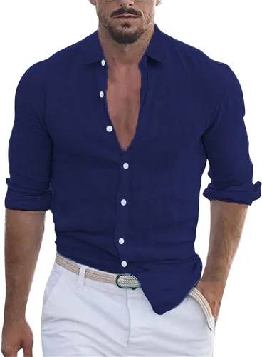 Vista 11 de Camisa de algodón y lino con botones para hombre, cuello de solapa de manga larga, estilo hippie casual para ropa de playa