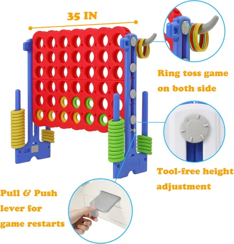 Vista 3 de SDADI - Juego gigante ajustable en altura de 4 en fila, juego Jumbo 2-en-1 de 4 anotaciones con juego de lanzamiento de anillos, juego de patio