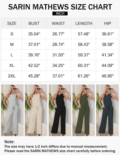Vista 5 de Sarin Mathews Air Essentials - Enterizo para mujer, casual, pierna ancha, pantalones largos, sin mangas, con cinturón, con bolsillos