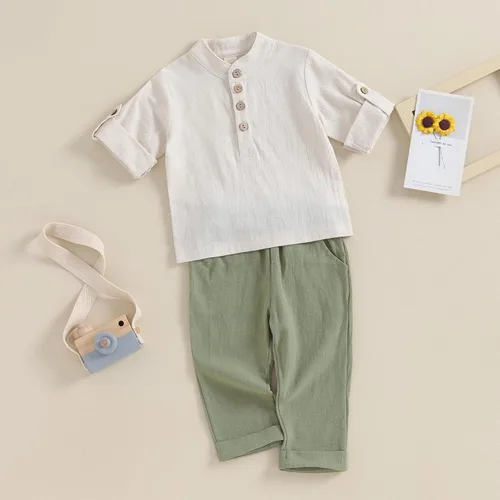 Vista 4 de Karuedoo Prendas de vestir para bebé niño de algodón y lino, camisas Henley con botones de manga larga, pantalones casuales conjunto A-beige Hierba