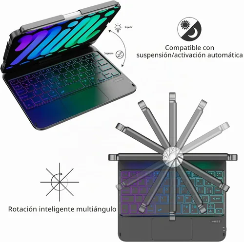 Vista 9 de FUWANG Funda con teclado y panel táctil para iPad mini 7 A17 Pro 2024 y Mini de 6ª generación 2021 de 8.3 pulgadas - Teclado retroiluminado de 7