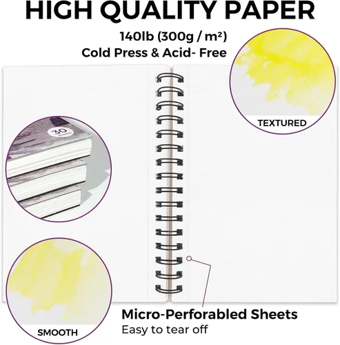 Vista 3 de Funto Bloc de Papel para Acuarela 5.5x8.5, Paquete de 3, 90 Hojas, 140 lb/300 g/m², Doble Cara, Prensado en Frío, Encuadernado en Espiral, Papel