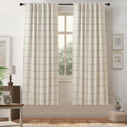 Vista 44 de DriftAway 2 paneles cortinas de lino a cuadros 100% opacas de doble capa cortinas para dormitorio de 96 pulgadas de largo estilo granja con Gris
