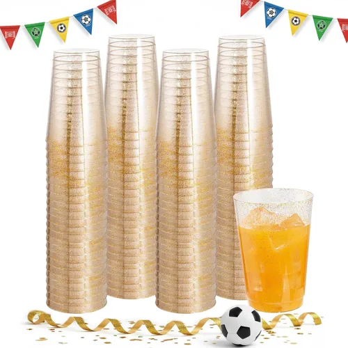 Vista 8 de I00000 Paquete de 100 unidades de vasos de plástico dorado de 12 onzas, vasos desechables con borde dorado, vasos de vino desechables y copas