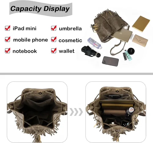 Vista 4 de Bolsos de cuero para mujer, bolsos cruzados con flecos con cordón para mujer, borla y bolsos de hombro
