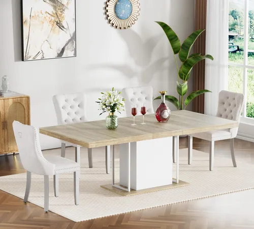 Vista 90 de Juego de mesa de comedor extensible de 5 piezas, juego de mesa de comedor extensible de estilo granja para 4, mesa de cocina expandible de madera