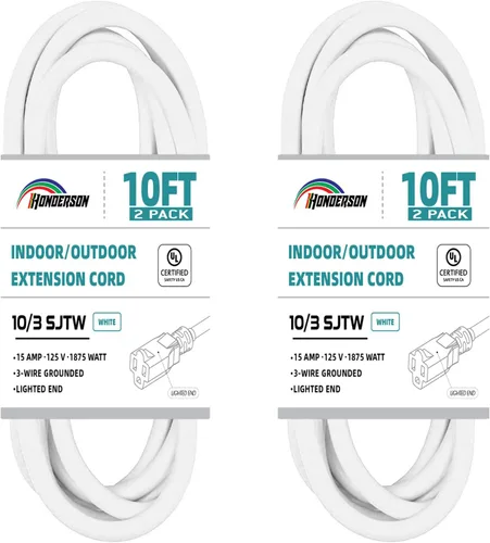 Vista 22 de Cable de extensión resistente a la intemperie con extremo iluminado, certificado UL, calibre 10, 3 pies, color blanco, 3 clavijas, resistente, cable