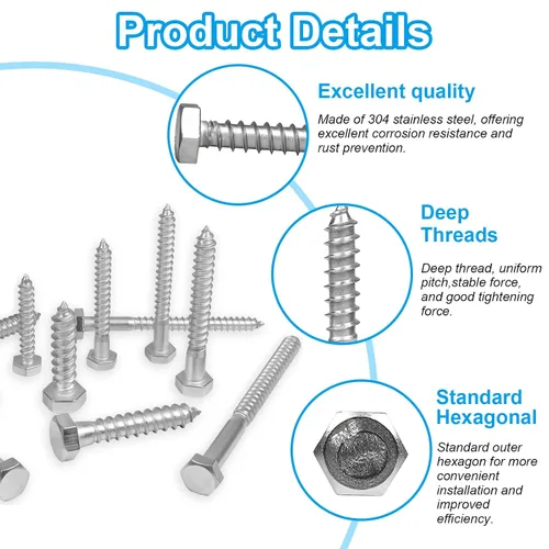 Vista 3 de 30 tornillos de retraso de cabeza hexagonal de 1/4 x 1 pulgada, pernos de acero inoxidable 304, tornillos de cabeza hexagonal para madera, tornillos