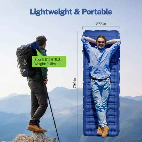 Vista 16 de OGERY Colchoneta de dormir para campamento, almohadilla de dormir reforzada extra gruesa de 6 pulgadas con almohadas y bomba de pie integrada Azul