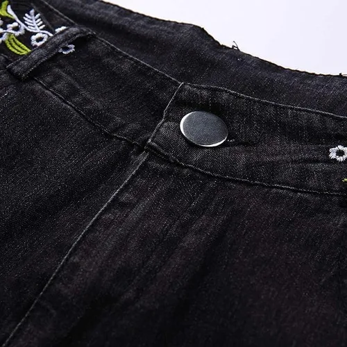 Vista 6 de Jeans acampanados con bordado floral para mujer, jeans elásticos acampanados, talla grande, pantalones de mezclilla de pierna ancha Y2k