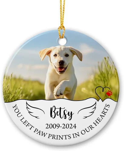 Vista 20 de Marco de fotos conmemorativo personalizado para mascotas, adorno de Navidad 2025, Un pedazo de mi corazón vive en el cielo, adorno de cerámica
