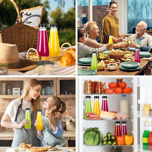 Vista 6 de Moretoes 40 botellas de jugo de 12 onzas, botellas de plástico vacías con tapas, contenedores reutilizables para bebidas a granel transparentes