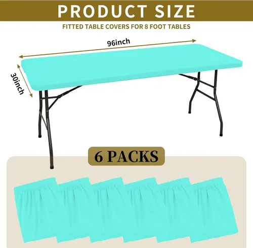 Vista 2 de 6 Pack de Manteles Ajustados para Mesas Rectangulares de 8 Pies, Cubierta de Mesa Aqua Azul Elástica para Picnic al Aire Libre, Paños de Mesa