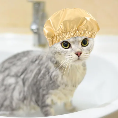 Vista 6 de LOGOFUN Gorro de ducha para mascotas, sombrero envolvente para la cabeza de gato, cubierta reutilizable para orejas de baño con correa ajustable