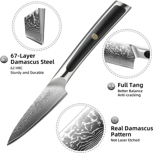 Vista 2 de Sunnecko Cuchillo de pelar de 3.5 pulgadas, cuchillo para frutas con hoja de acero damasquino VG-10 de 67 capas, cuchillo pequeño para pelar
