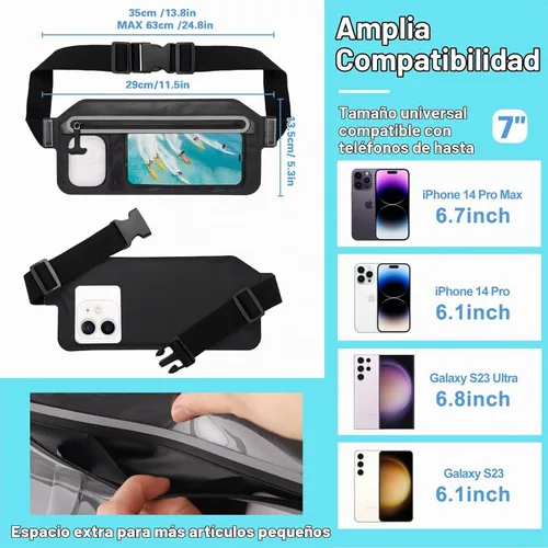 Vista 3 de SJEhome Funda impermeable IPX8 para teléfono con correa ajustable para la cintura, compatible con iPhone de la serie completa Galaxy de hasta 7 Negro