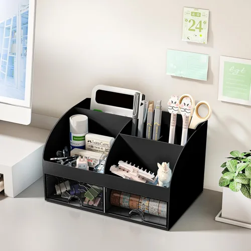 Vista 4 de Organizador de escritorio con 6 compartimentos y 2 cajones, organizador de maquillaje de plástico, soporte para bolígrafos para almacenamiento