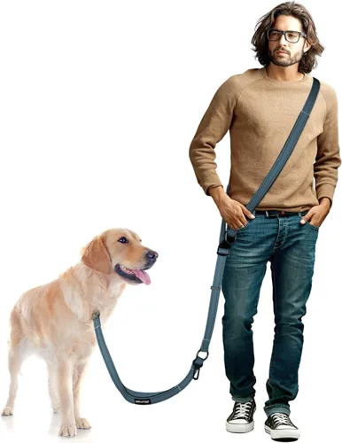 Vista 18 de Correa de perro manos libres, correa cruzada para perro, cinturón de cintura de 5.3 a 7.8 pies con cinturón de seguridad para automóvil