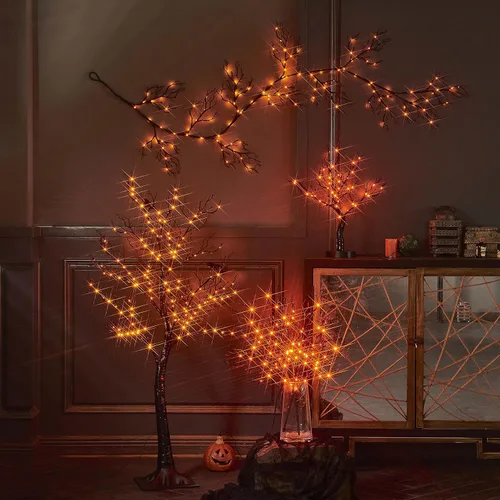 Vista 8 de BAOLITVINE - Guirnalda iluminada de Halloween, funciona con pilas, con 8 funciones, 6 pies, 120 luces de hadas bicolor, guirnalda negra con luces