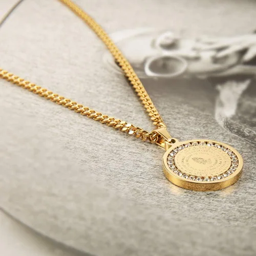 Vista 3 de HZMAN collar de joyería cristiana con versículo de la Biblia, para rezar, de acero inoxidable, con dije de moneda con manos unidas