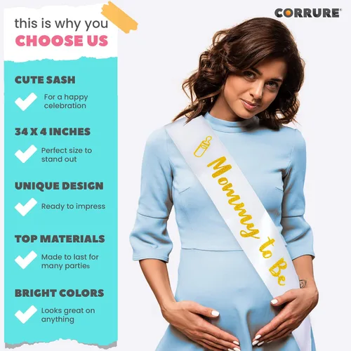 Vista 3 de CORRURE Banda para baby shower para niño o niña, banda con la frase "Mommy to Be" con hermosa cinta blanca y texto dorado con purpurina, ideal